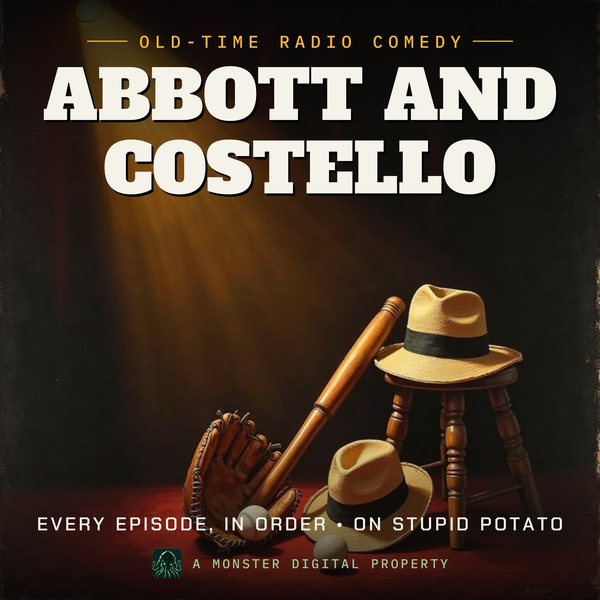 Illustrated cover for Abbott and Costello: a baseball bat, a worn glove and a baseball on a vaudeville stage under a spotlight, two straw boater hats on a stool