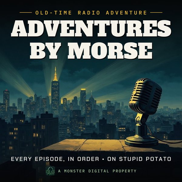 Illustrated cover for Adventures by Morse: a 1940s city skyline at night seen from a high rooftop ledge, searchlight beams sweeping the clouds, a vintage radio microphone on the ledge