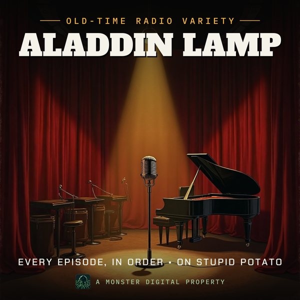 Illustrated cover for Aladdin Lamp: a 1940s network radio studio stage with a big band's empty music stands, a grand piano, and a ribbon microphone in a spotlight before red velvet curtains