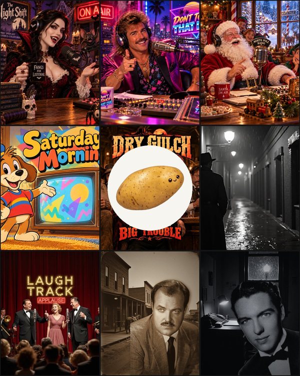 A mosaic of the Stupid Potato channel hosts around the potato