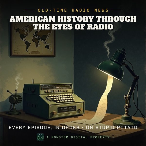 Illustrated cover for American History Through The Eyes Of Radio: a 1940s network radio newsroom at night, a ribbon microphone on a cluttered desk beside a teletype machine spilling a long curl of paper, a world map with pins on the wall, a green-shaded desk lamp, cigarette smoke curling in the lamplight
