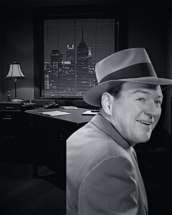 William Gargan in a fedora in a New York office at night