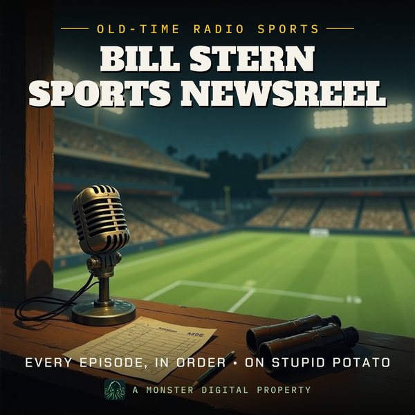 Illustrated cover for Bill Stern Sports Newsreel: an empty 1940s stadium press box at dusk, a vintage ribbon microphone on the wooden ledge beside a pair of binoculars and a scorecard with a pencil, banks of stadium lights glowing over a green field and empty grandstands beyond