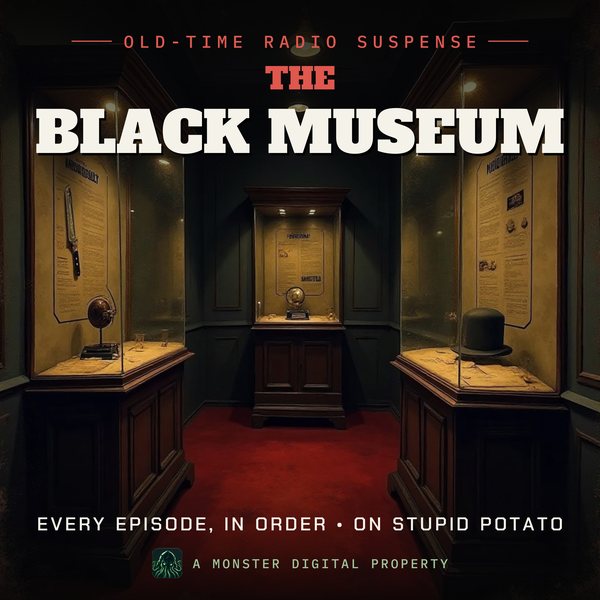 Illustrated cover for The Black Museum: dusty glass display cases in a dim old London police museum, a bowler hat and a knife on display