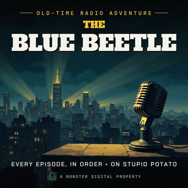 Illustrated cover for The Blue Beetle: a 1940s city skyline at night seen from a high rooftop ledge, searchlight beams sweeping the clouds, a vintage radio microphone on the ledge