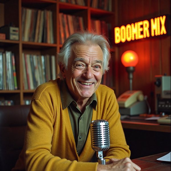Skip Delaney, a smiling silver-haired DJ in a mustard cardigan, at a vintage microphone under a glowing Boomer Mix sign