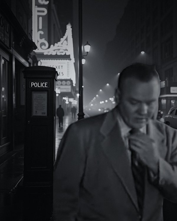Larry Thor on a rain-slick Broadway at night