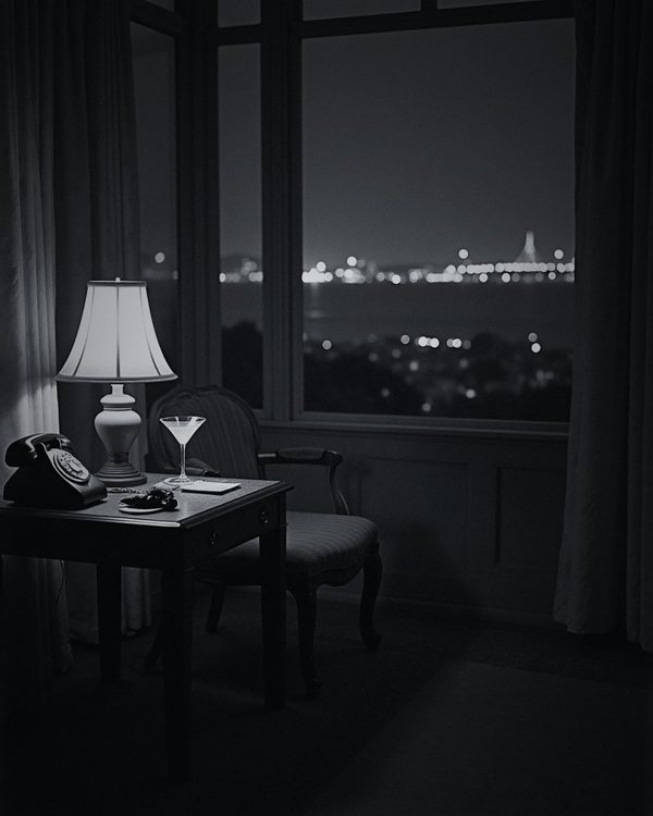 A Telegraph Hill apartment at night, the bay lights beyond