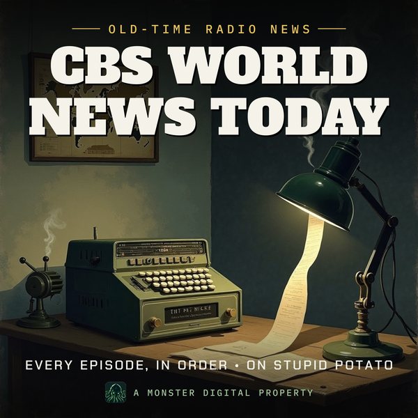 Illustrated cover for CBS World News Today: a 1940s network radio newsroom at night, a ribbon microphone on a cluttered desk beside a teletype machine spilling a long curl of paper, a world map with pins on the wall, a green-shaded desk lamp, cigarette smoke curling in the lamplight