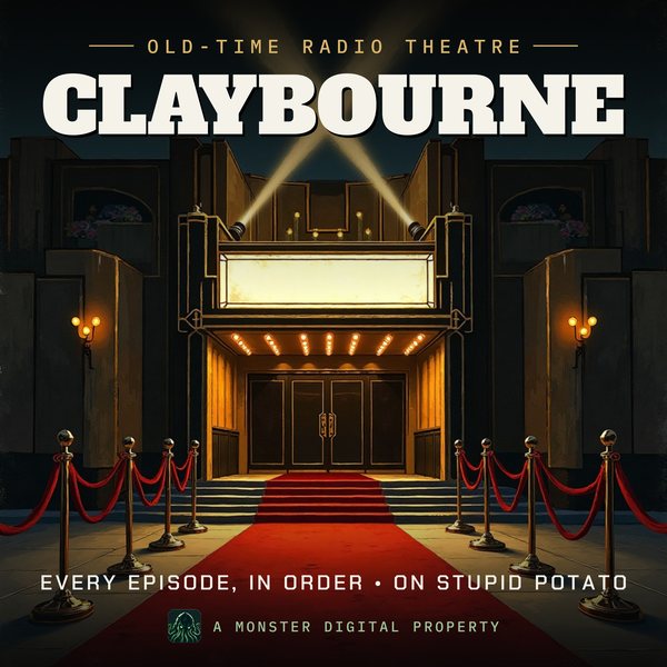 Illustrated cover for Claybourne: the front of a 1930s art-deco movie palace on premiere night, crossed searchlight beams in the sky, a red carpet and velvet ropes, a blank glowing marquee