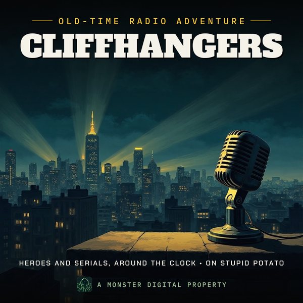 Illustrated cover for Cliffhangers: a 1940s city skyline at night seen from a high rooftop ledge, searchlight beams sweeping the clouds, a vintage radio microphone on the ledge