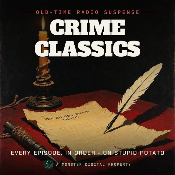 Illustrated cover for Crime Classics: a hangman's noose and a quill pen on a pile of yellowed old court papers by candlelight