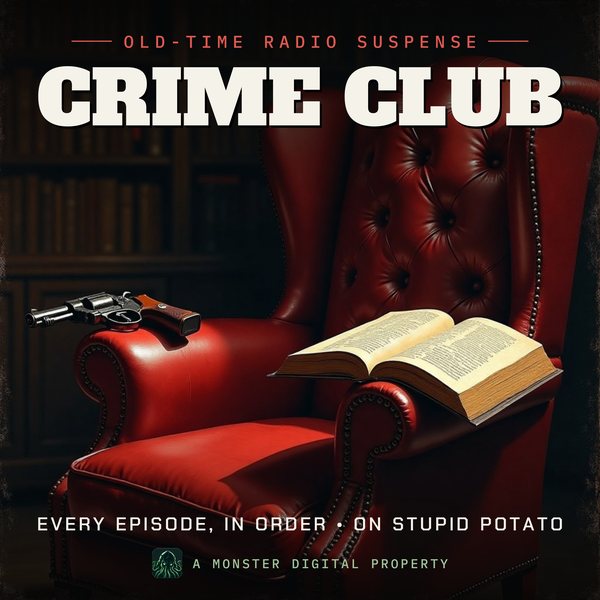 Illustrated cover for Crime Club: a leather armchair in a gentleman's library, a mystery novel open on the arm, a pistol on the side table