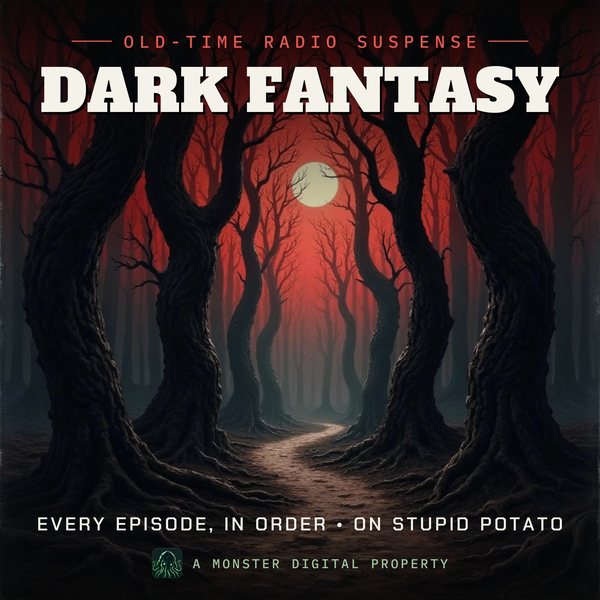 Illustrated cover for Dark Fantasy: a misty moonlit forest of twisted trees with a crooked path leading in