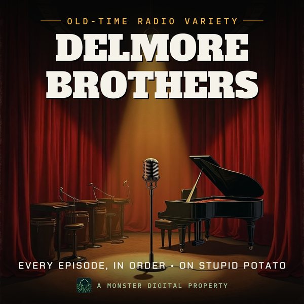 Illustrated cover for Delmore Brothers: a 1940s network radio studio stage with a big band's empty music stands, a grand piano, and a ribbon microphone in a spotlight before red velvet curtains