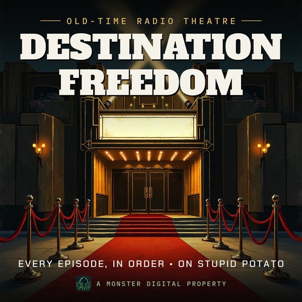 Illustrated cover for Destination Freedom: the front of a 1930s art-deco movie palace on premiere night, crossed searchlight beams in the sky, a red carpet and velvet ropes, a blank glowing marquee