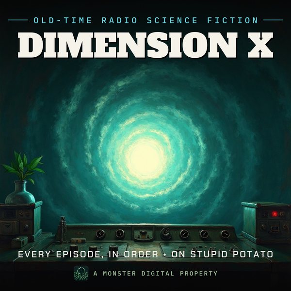 Illustrated cover for Dimension X: a swirling vortex of light opening in deep space, a 1950s laboratory console with dials in the foreground