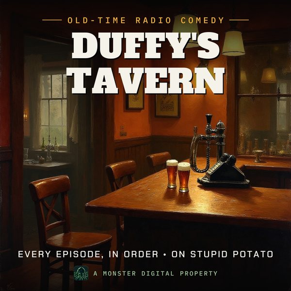 Illustrated cover for Duffy's Tavern: a cosy 1940s neighbourhood tavern, a telephone on the wooden bar, beer glasses and a beer tap, warm light