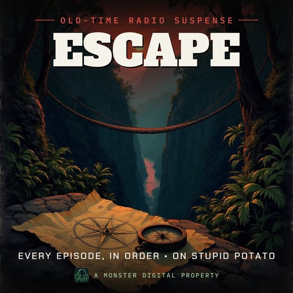 Illustrated cover for Escape: a jungle trail at dusk, an old brass compass and a torn map on a rock, a rope bridge over a gorge