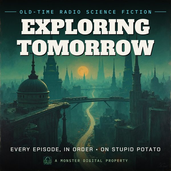 Illustrated cover for Exploring Tomorrow: a 1950s vision of a future city of domes, spires and monorails at dawn