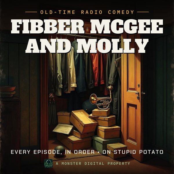 Illustrated cover for Fibber McGee and Molly: an overstuffed hall closet bursting open in a 1940s house, umbrellas, boxes, a bowling ball and a trombone tumbling out