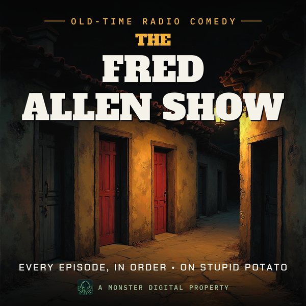 Illustrated cover for The Fred Allen Show: a crooked little alley at night with four shabby front doors in a row under a single streetlamp