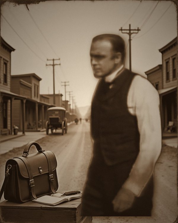 John Dehner in a dark vest, white shirt and tie on a frontier-town street