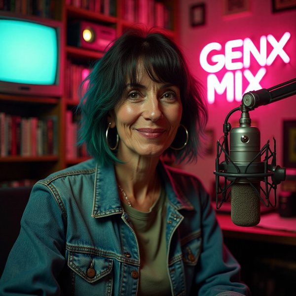 Roxy Vance, a wry DJ with a teal-streaked bob and a denim jacket, at a microphone under a pink Gen X Mix neon sign