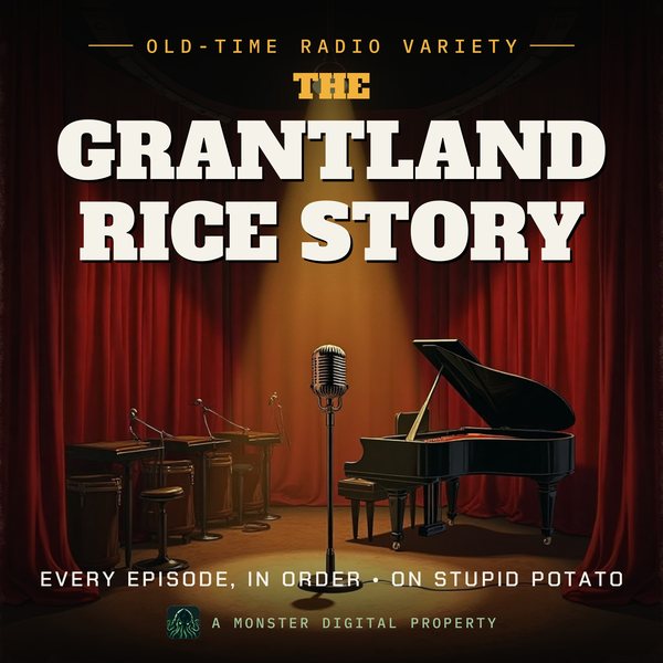 Illustrated cover for The Grantland Rice Story: a 1940s network radio studio stage with a big band's empty music stands, a grand piano, and a ribbon microphone in a spotlight before red velvet curtains