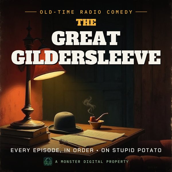 Illustrated cover for The Great Gildersleeve: a small-town 1940s parlour with a bowler hat on a hat stand, a pipe in an ashtray and papers on a writing desk by lamplight