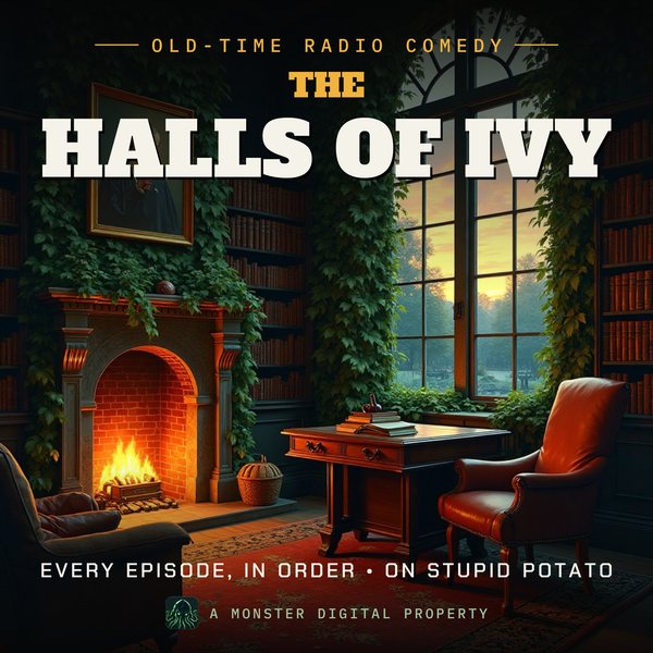 Illustrated cover for The Halls of Ivy: an ivy-covered college president's study, leather-bound books, a fireplace, a pipe on a desk and a window onto a quad at dusk