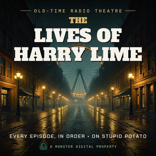 Illustrated cover for The Lives of Harry Lime: a deserted rain-wet cobbled street in postwar Vienna at night, completely empty, a giant Ferris wheel against the sky, long shadows from a single streetlamp
