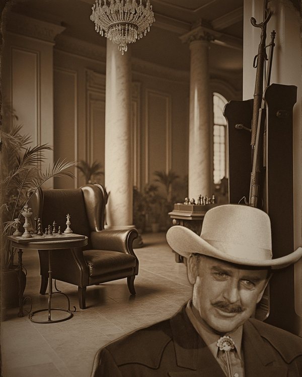 John Dehner in a white cowboy hat and western jacket, smiling under a thick mustache