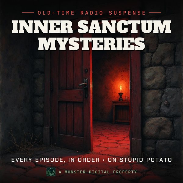 Illustrated cover for Inner Sanctum Mysteries: a heavy creaking wooden door standing ajar with candlelight beyond it, cobwebs and stone walls