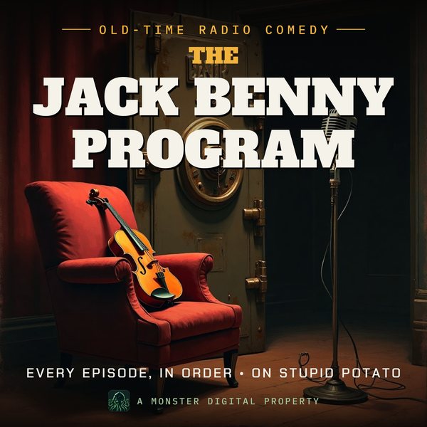 Illustrated cover for The Jack Benny Program: a violin resting on a velvet chair beside a heavy old bank vault door standing slightly open, a vintage ribbon radio microphone on a stand