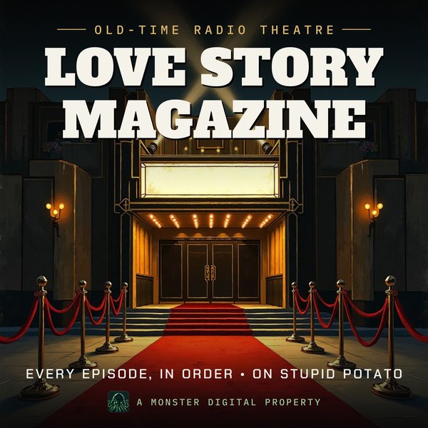 Illustrated cover for Love Story Magazine: the front of a 1930s art-deco movie palace on premiere night, crossed searchlight beams in the sky, a red carpet and velvet ropes, a blank glowing marquee