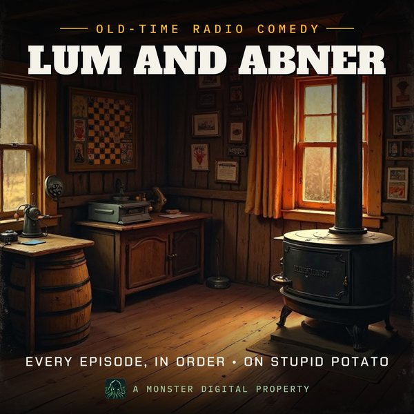 Illustrated cover for Lum and Abner: the inside of an old country general store, a pot-bellied stove, a checkerboard on a cracker barrel and a crank telephone on the wall
