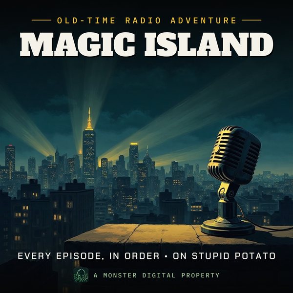 Illustrated cover for Magic Island: a 1940s city skyline at night seen from a high rooftop ledge, searchlight beams sweeping the clouds, a vintage radio microphone on the ledge