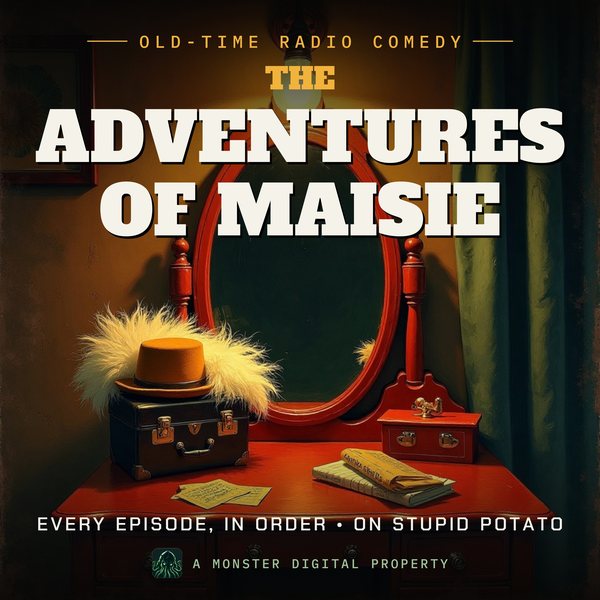 Illustrated cover for The Adventures of Maisie: a 1940s show-girl's dressing table with a feather boa, a hat box, a small suitcase and a bus ticket under a bare bulb