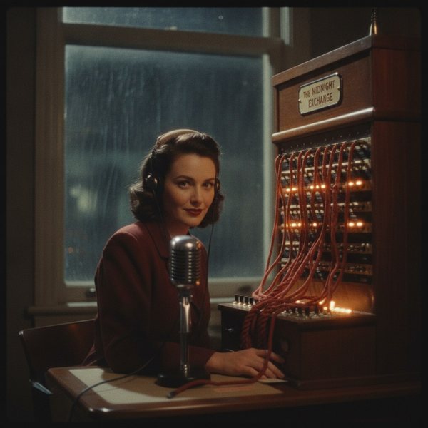A night operator in a 1940s headset at a brass telephone switchboard, rain on the window behind her