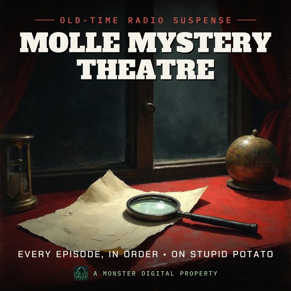 Illustrated cover for Molle Mystery Theatre: a magnifying glass lying on an unfolded letter on a 1940s desk, fog pressing against the window