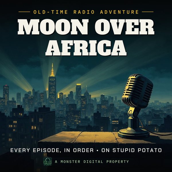 Illustrated cover for Moon Over Africa: a 1940s city skyline at night seen from a high rooftop ledge, searchlight beams sweeping the clouds, a vintage radio microphone on the ledge