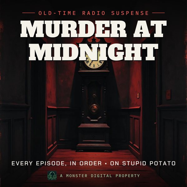 Illustrated cover for Murder at Midnight: a grandfather clock striking midnight at the end of a dark hallway, moonlight across the floorboards