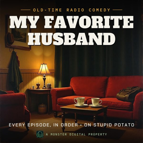 Illustrated cover for My Favorite Husband: a cosy 1940s suburban living room, two coffee cups on a low table, a man's hat on a hook and a handbag on the sofa