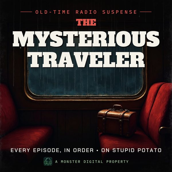 Illustrated cover for The Mysterious Traveler: an empty night-train compartment, rain streaking the window, a single leather suitcase on the seat