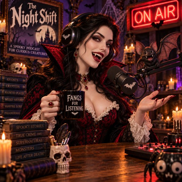Vivienne Vayne at the microphone in the candlelit studio, mug in hand