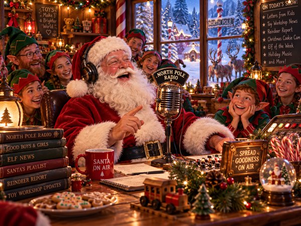 Santa laughing at the North Pole Radio microphone, with elves crowding round
