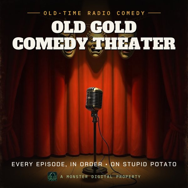 Illustrated cover for Old Gold Comedy Theater: a radio stage with comedy and tragedy masks hung above a red curtain, a ribbon microphone in a warm spotlight