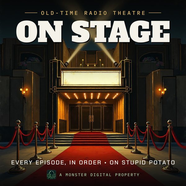 Illustrated cover for On Stage: the front of a 1930s art-deco movie palace on premiere night, crossed searchlight beams in the sky, a red carpet and velvet ropes, a blank glowing marquee