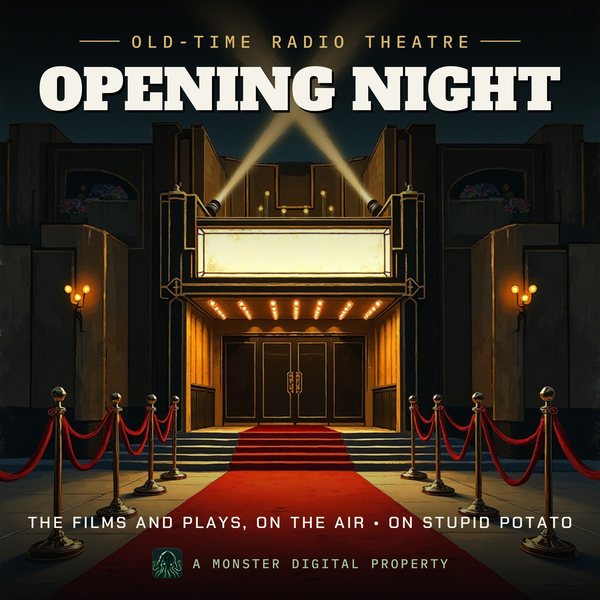 Illustrated cover for Opening Night: the front of a 1930s art-deco movie palace on premiere night, crossed searchlight beams in the sky, a red carpet and velvet ropes, a blank glowing marquee